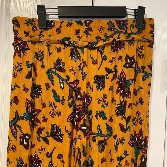 BBJ Los Angeles Mustard Fleur De Lis Flowy Wide Leg Boho Belted Pants Size L - Picture 9 of 13